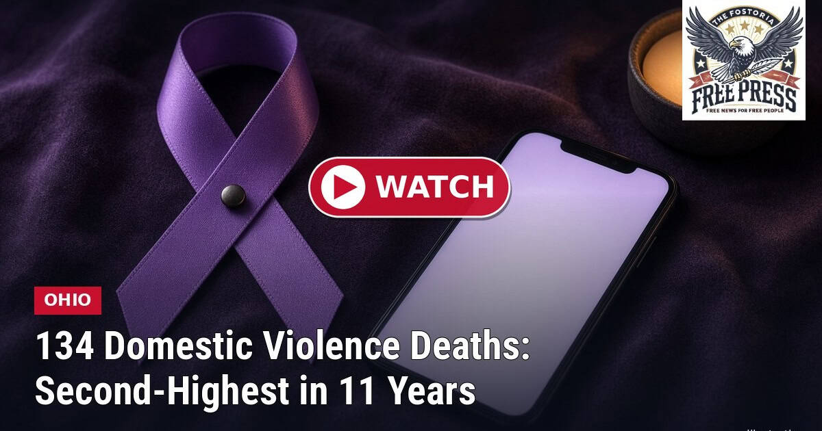 Fostoria News Ohio domestic violence deaths infographic with a purple ribbon and smartphone.